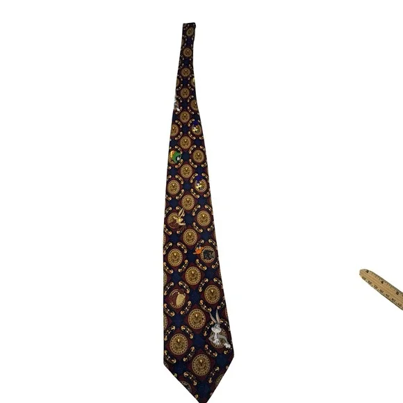 Looney Tunes Necktie Mens Navy Burgundy Vintage 1997 Excellent Medallion Print - Picture 5 of 12